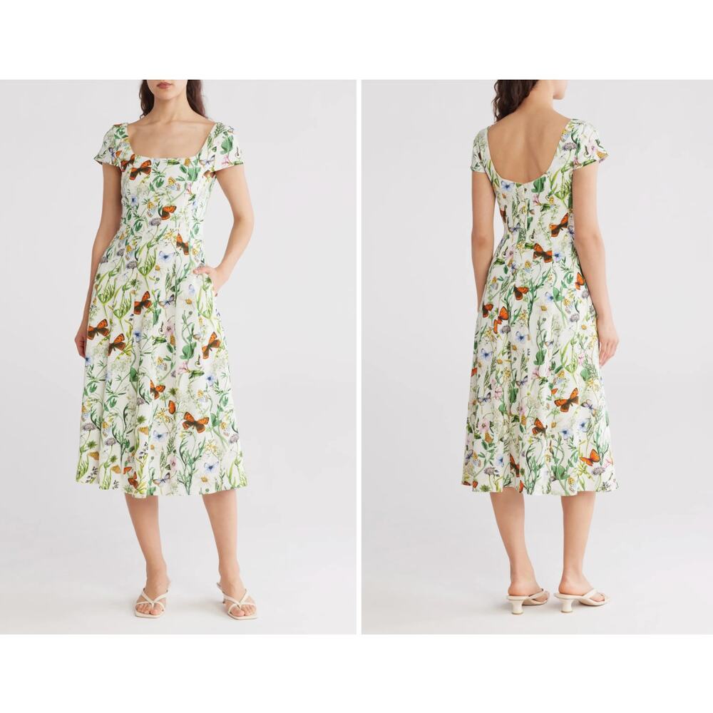 Avec Les Filles Botanical Dress Womens 6 Butterfly Floral Linen Blend Fit Flare - Picture 2 of 15